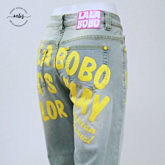 NWT LalaBobo Let's Play Color Mid Rise Straight Leg Jeans Blue Yellow Women 10 - Picture 10 of 12